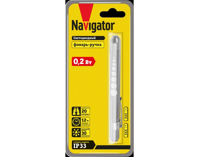 Фонарь Navigator 14 034 NPT-CM16-2AAA алюм. 1LEDx0.2Вт,1реж,блист.