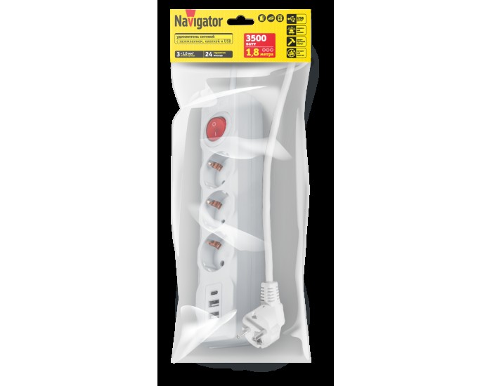 Удлинитель Navigator 61 455 NPE-USB01-03-180-ESC-3X1 с/з выкл.3 гн.1.8м USB2.1A