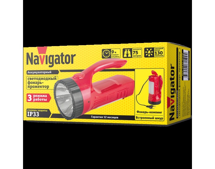 Фонарь Navigator 71 599 NPT-SP17-ACCU Прож/кемп 1Вт+12LED, 130лм, АКБ 0.75Ач
