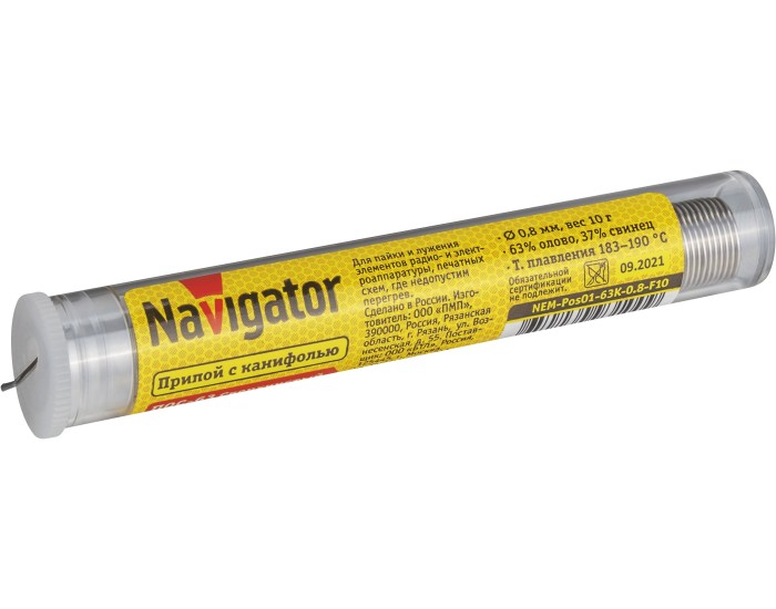 Припой Navigator 93 100 NEM-Pos01-63K-0.8-F10 (ПОС-63, колба, 0.8 мм, 10 гр)