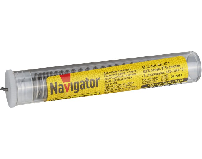 Припой Navigator 93 102 NEM-Pos01-63K-1.5-F10 (ПОС-63, колба, 1.5 мм, 10 гр)