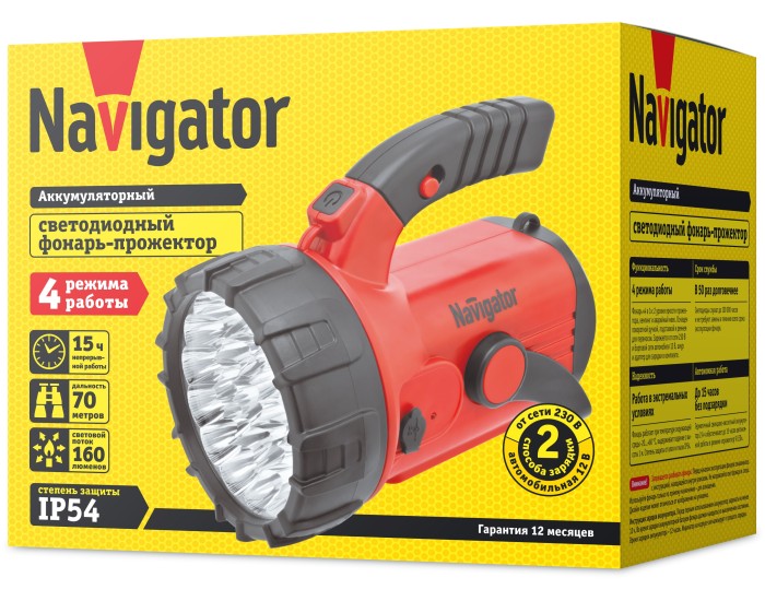 Фонарь Navigator 94 960 NPT-SP06-ACCU Прожект/кемп. 23+18+4LED, аккум.4В, 2Ач.