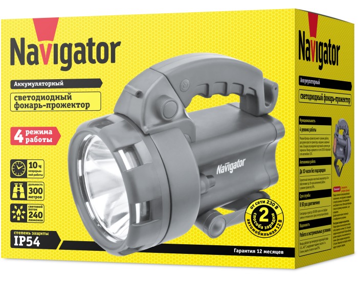 Фонарь Navigator 94 963 NPT-SP09-ACCU Прожект. CREE 1х3Вт+4LED, аккум.4В, 4Ач.